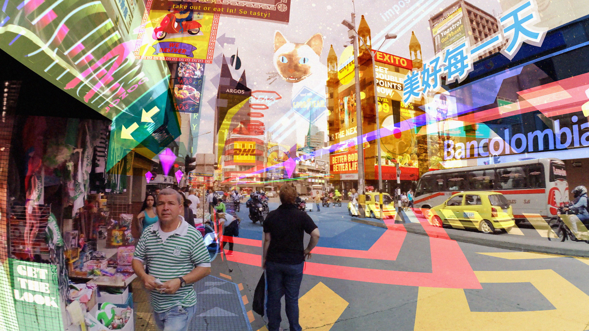 hyper-reality by Keiichi Matsuda, busy street with neon AR signs